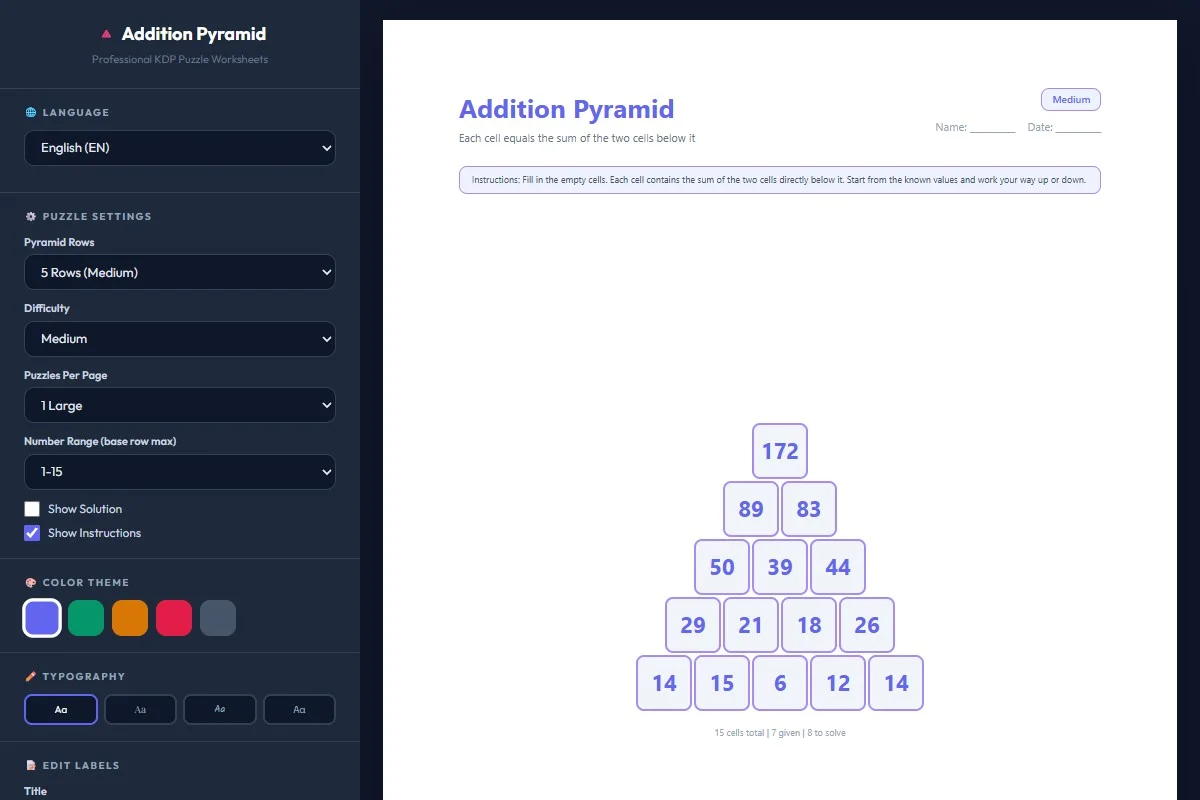 Addition Pyramid Puzzle Generator — Digital Tool | PrintableKit