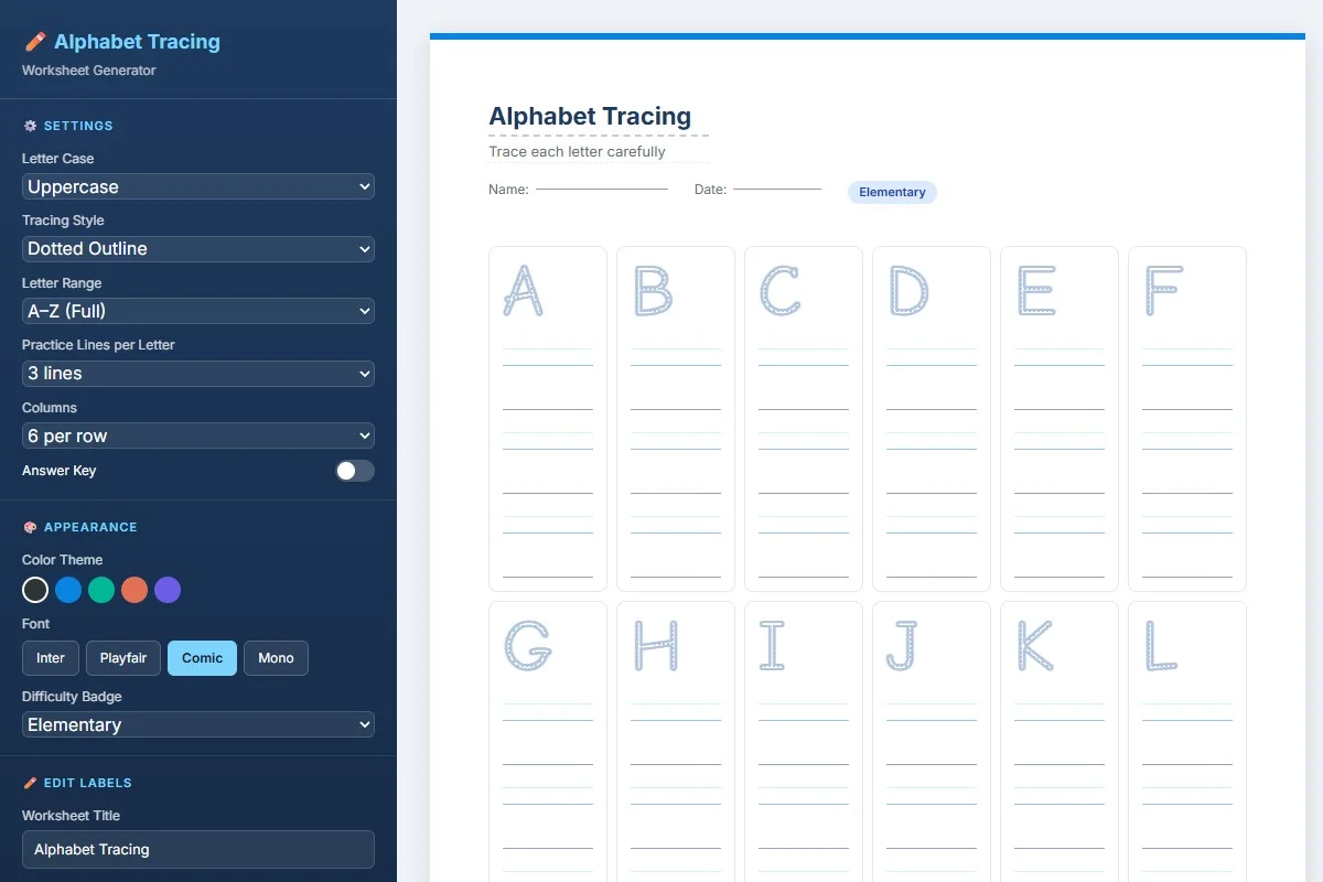 Alphabet Tracing Worksheet Generator — Digital Tool | PrintableKit