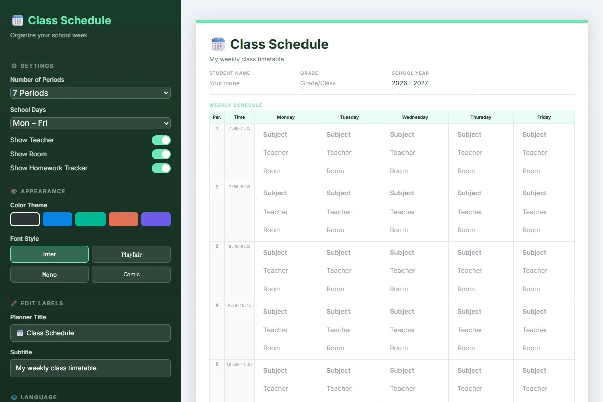 Class Schedule Generator — Digital Tool | PrintableKit