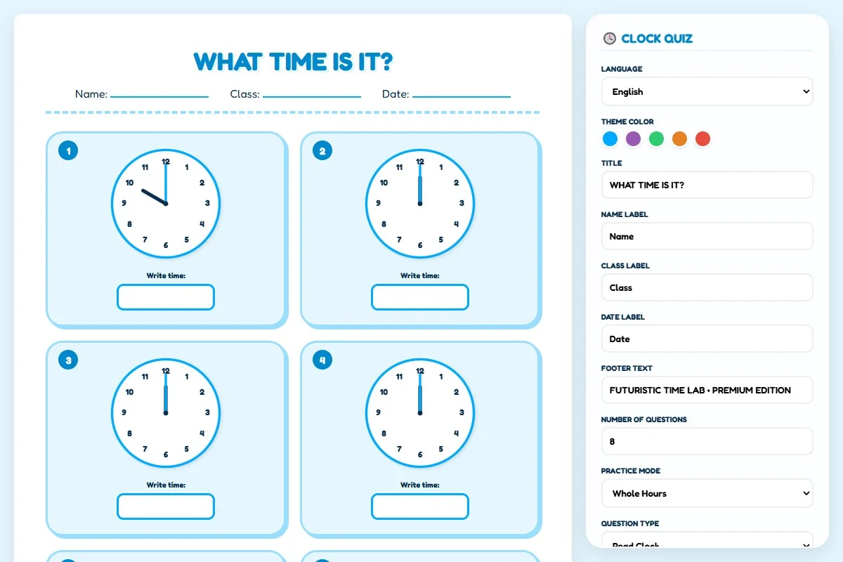 Clock Quiz Worksheet Generator — Digital Tool | PrintableKit