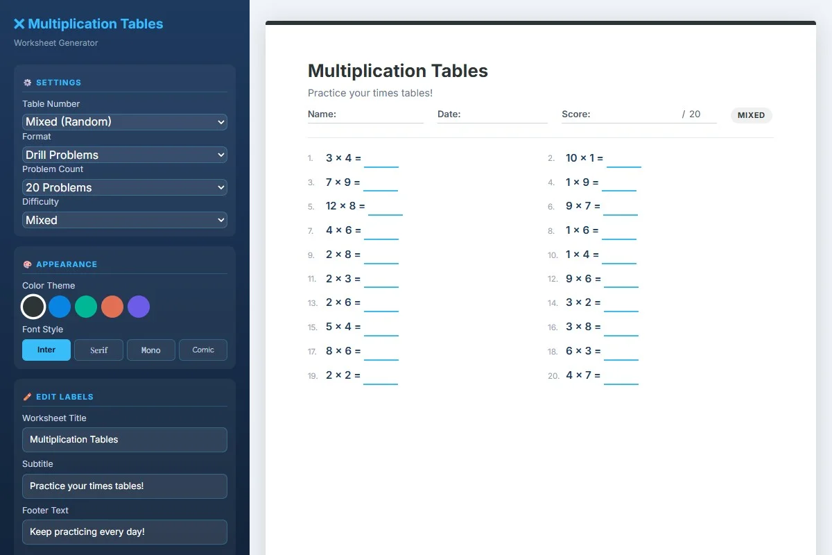 Multiplication Table Worksheet Generator — Digital Tool | PrintableKit