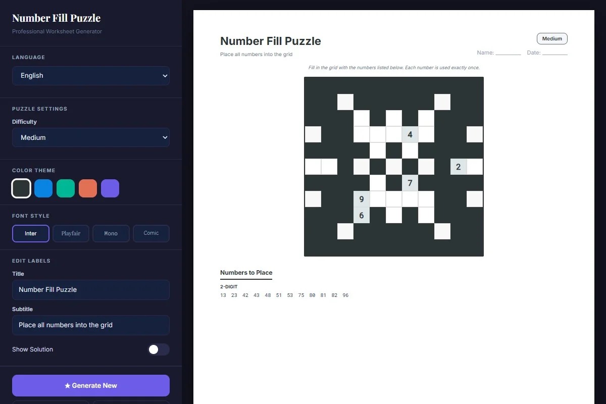 Number Fill Puzzle Generator — Digital Tool | PrintableKit