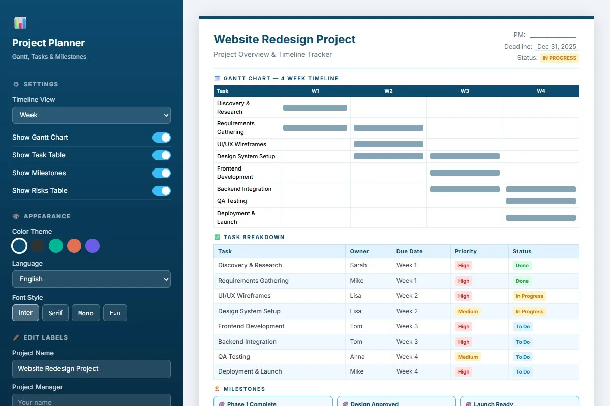 Project Planner Generator — Digital Tool | PrintableKit