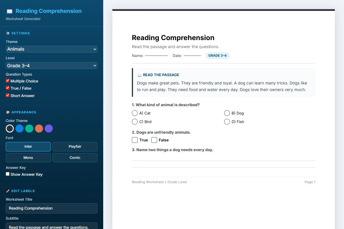 Reading Comprehension Worksheet Generator — Digital Tool | PrintableKit